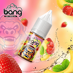 Strawberry banana flavored vape juice bottle with a colorful design featuring a cartoon gorilla and fruits in the background, labeled "Vape with a Bang, 10ml, 20mg/ml."