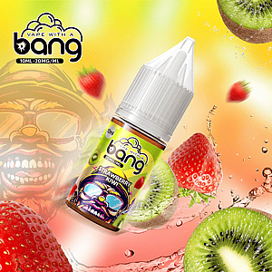 A bottle of vape juice labeled "Vape with a Bang, Strawberry Kiwi, 10ml, 20MG/ML," surrounded by strawberries, kiwis, and splashes of liquid on a vibrant background.