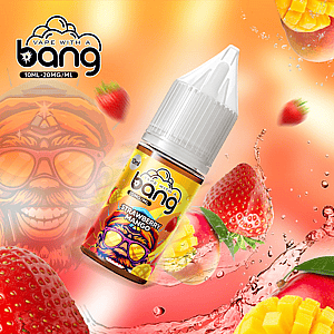 Strawberry mango flavored vape juice bottle with vibrant fruit graphics and splashes of liquid on an orange background.