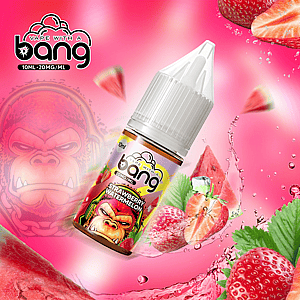 A bottle of strawberry watermelon vape juice with vibrant branding, surrounded by strawberries, watermelon slices, and splashes of liquid, featuring a stylized gorilla face in the background.