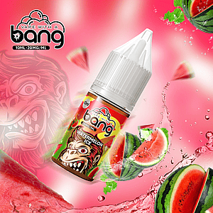 Watermelon-flavored vape juice bottle with vibrant red and green design, featuring a monkey illustration and watermelon slices in the background.