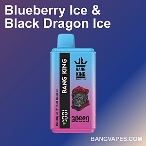 A promotional image showcasing a Bang King vape device with a gradient blue-to-pink design, featuring blueberry ice and black dragon ice flavors, and a logo of a cap-wearing dog in a black label at the center.