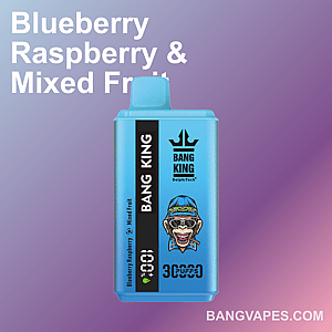 Blue gradient background featuring a blue Bang King disposable vape device with flavor labeled as Blueberry Raspberry & Mixed Fruit, and the BangVapes.com branding at the bottom right.