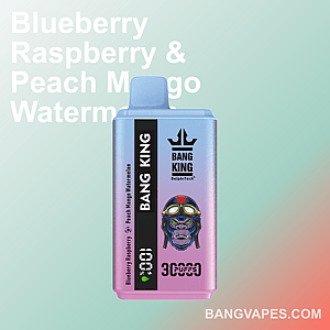 A product image of a Bang King vaping device with a blend of fruity flavors, featuring a stylish blue and pink gradient design and a gorilla illustration wearing goggles, with text detailing the flavors and brand website BangVapes.com.