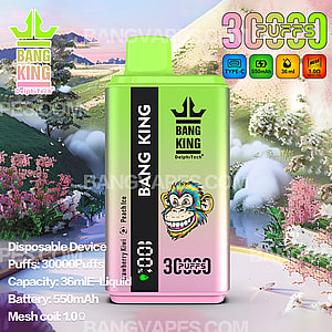 Image d'un appareil de vapotage jetable Bang King DelphiTech avec un corps dégradé coloré et une illustration de singe, placé sur un fond naturel vibrant avec un paysage floral et montagneux. L'image met en évidence des spécifications telles que 30 000 bouffées, une capacité de liquide de 36 ml, une puissance de batterie de 550 mAh et une bobine en maille de 1,0 ohm.