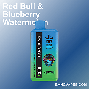 A Bang King vape device in blue and green gradient design, featuring flavors Red Bull and Blueberry Watermelon, with branding and website on a blue gradient background.