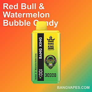 A Bang King branded vape device in yellow and green featuring a gorilla logo on an orange gradient background, advertising flavors Red Bull and Watermelon Bubble Candy with the website BangVapes.com.