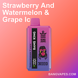 A Bang King vape device in a purple and pink gradient design, featuring a logo and text for strawberry, watermelon, and grape ice flavors, with a bold orange and pink gradient background.