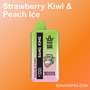 A colorful vaping device labeled 'Bang King' with a monkey graphic and flavor options 'Strawberry Kiwi & Peach Ice', set against an orange gradient background.
