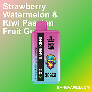 Product image of a pink and blue Bang King vape labeled with 'Strawberry Watermelon & Kiwi Passion Fruit Guava' flavor on a gradient background, along with branding details and '3000 puffs' prominently displayed.