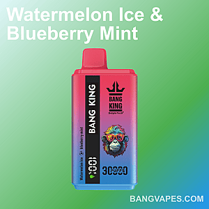 A colorful vaping device labeled 'Bang King' in a gradient design of red to blue, featuring the flavors Watermelon Ice and Blueberry Mint on its packaging, placed on a green gradient background with the website bangvapes.com displayed at the bottom.