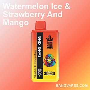 Packaging of Bang King vape in Watermelon Ice and Strawberry and Mango flavor, featuring a gradient orange background and colorful imagery of a gorilla head.