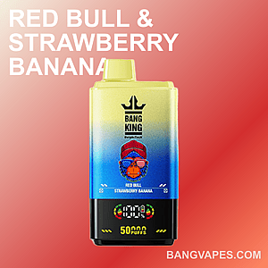 カラフルな Bang King ベイプ デバイスに「Red Bull & Strawberry Banana」のフレーバーが表示され、グラデーションの背景には BangVapes.com の Web サイトが表示されています。
