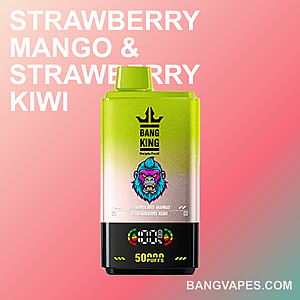 ストロベリーマンゴーとストロベリーキウイのフレーバーを特徴とする Bang King 使い捨て vape の広告。50,000 回の吸引が示されています。