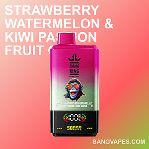 Ein farbenfroher Bang King-Vape mit einer Mischung aus Erdbeer-Wassermelonen- und Kiwi-Passionsfrucht-Geschmack, einem rosa-grünen Körper mit Farbverlauf, einer Kapazität von 50.000 Zügen und einem lebendigen Branding.