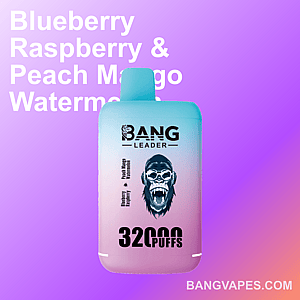 Promotional image for a Bang Leader vape device highlighting flavors Blueberry Raspberry and Peach Mango Watermelon, with text indicating 32,000 puffs, displayed against a gradient purple and pink background.