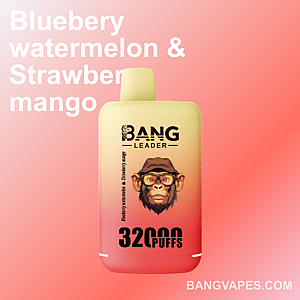 Promotional image of a Bang Leader vaping device, featuring a beige-to-red gradient design, with flavors mentioned as blueberry watermelon and strawberry mango, and the text announcing 32,000 puffs capacity, set against a pink gradient background.