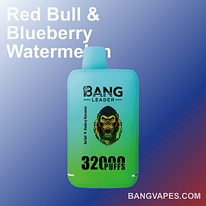 Product image of the Bang Leader vape in Red Bull & Blueberry Watermelon flavor, featuring a gradient green and blue design with lion graphics and a highlighted label for 32,000 puffs, set against a gradient background with text descriptions.