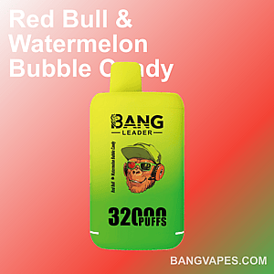 Un dispositivo de vapeo verde brillante y amarillo con la marca "BANG Leader" y una etiqueta que indica el sabor "Red Bull & Watermelon Bubble Candy", que presenta una ilustración gráfica borrosa, sobre un fondo degradado rosa con el nombre del sitio web bangvapes.com.