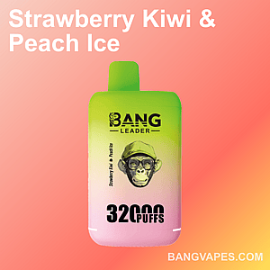 A product image of a vape device branded as "Bang Leader" in a gradient of green to pink color, featuring the flavor "Strawberry Kiwi & Peach Ice" and a bold text indicating "32,000 Puffs," against a gradient pink background with the BangVapes.com website displayed at the bottom corner. A blurred element is present in the center of the device.