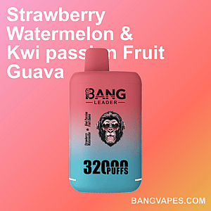 A pink and teal Bang Leader vape device featuring flavors like strawberry watermelon and kiwi passion fruit guava, labeled with "32,000 puffs," displayed on a gradient background with branding text.
