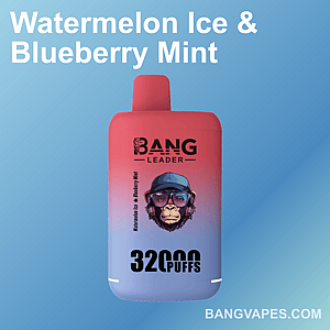 A promotional image showing a vape device with a red-to-blue gradient design, the text 'Bang Leader', 'Watermelon Ice & Blueberry Mint', and '32000 puffs' on the front, set against a light blue background.
