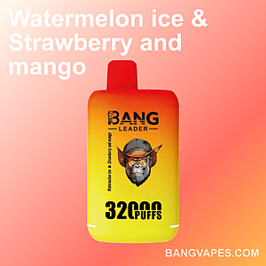 Promotional image of a Bang Leader vape device with the flavor description 'Watermelon Ice, Strawberry and Mango', 32000 puffs capacity, displayed against a gradient orange-pink background.
