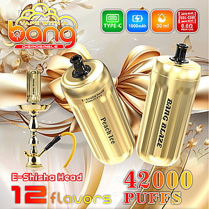 Promotiefoto van Bang Disposable E-Shisha Heads in een gouden kleur, met een perziksmaak en specificaties zoals 42.000 trekjes, 1000mAh-batterij en Type-C-opladen, met een decoratieve waterpijp als onderdeel van de compositie.