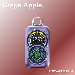 Nowoczesne urządzenie do waporyzacji z wyświetlaczem cyfrowym pokazującym ustawienia i wskaźniki, opisane jako „Grape Apple” z gradientowym tłem i tekstem strony internetowej „bangvapes.com”.