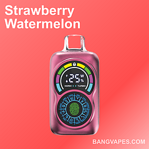 Różowe urządzenie do waporyzacji z wyświetlaczem cyfrowym pokazującym „25 W” na gradientowym czerwonym tle, opisane „Strawberry Watermelon” i ozdobione symbolami astrologicznymi.