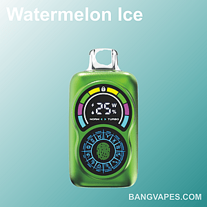 Zielone urządzenie do waporyzacji z cyfrowymi elementami sterującymi opisanymi jako „25W Norm Turbo” oraz nazwą produktu „Watermelon Ice” na turkusowym tle i napisem „BANGVAPES.COM” u dołu.