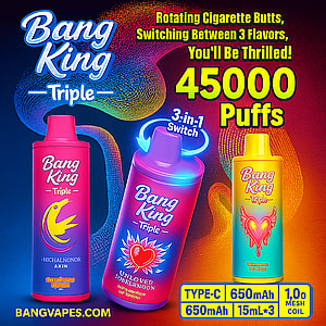 フレーバー選択用の 3 in 1 スイッチ、45,000 回の吸引容量、650mAh バッテリーを備えた Bang King Triple ベイピング デバイスをカラフルな背景に紹介するプロモーション画像。