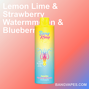Buntes Vape-Produkt mit der Aufschrift „Bang King Triple“ und Geschmacksrichtungen wie Zitrone-Limette, Erdbeer-Wassermelone und Blaubeereis vor einem Hintergrund mit Farbverlauf.