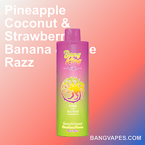 Ein farbenfrohes Vaping-Gerät mit dem Branding „Bang King Triple“ und einem Text mit einer Auflistung von Geschmacksrichtungen wie Ananas-Kokosnuss, Erdbeer-Banane und Blue Razz vor einem warmen Hintergrund mit Farbverlauf und der Anzeige „BANGVAPES.COM“ am unteren Rand.