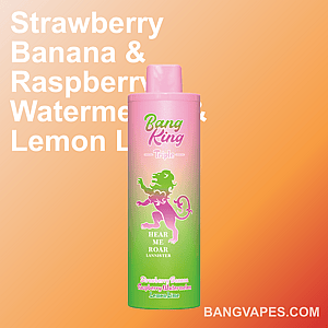 Werbebild des Bang King Triple Vape in einem rosa-grünen Farbverlauf mit den Geschmacksrichtungen Erdbeere-Banane, Himbeer-Wassermelone und Zitrone-Limette vor einem sanften orangefarbenen Hintergrund.
