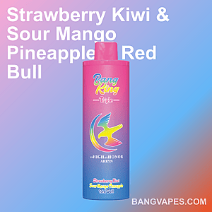 Eine farbenfrohe E-Liquid-Flasche von Bang King mit Geschmacksrichtungen wie Erdbeere-Kiwi, saure Mango-Ananas und Red Bull, vor einem Hintergrund mit Farbverlauf und auffälligem Text und Branding.