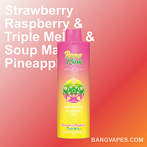 Ein Werbebild mit einem farbenfrohen Vaping-Produkt mit der Bezeichnung „Bang King Triple“ zeigt Aromen wie Erdbeer-Himbeere, Dreifachmelone und Saure Mango-Ananas vor einem Hintergrund mit Farbverlauf. Der Text lautet „BANGVAPES.COM“.