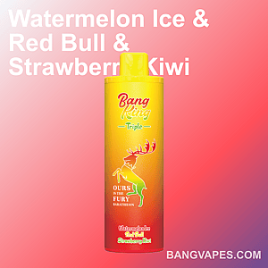 Werbebild eines Bang King Vape-Produkts mit einem rot-gelben Farbverlaufshintergrund, der das Geschmacksthema Wassermeloneneis, Red Bull und Erdbeer-Kiwi hervorhebt.