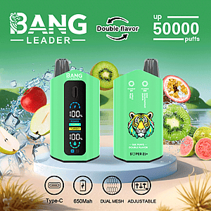 Advertisement for Bang Leader vape featuring a green device with dual-side flavor options, digital display, and 50,000 puff capacity, shown alongside fruits like kiwi, strawberry, and guava, highlighting features like Type-C charging, 650mAh battery, dual mesh coils, and adjustable power.