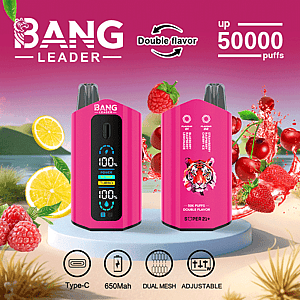 A promotional image showcasing two pink Bang Leader vaping devices, featuring dual flavors with adjustable functions, a 650mAh battery, and a capacity of up to 50,000 puffs displayed alongside fruits like strawberries and raspberries.