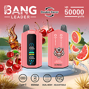 Promotional image for Bang Leader vapes featuring two devices showcasing a digital screen, pink design with tiger logo, 650mAh battery specification, and various flavor options including cherry cola and pink lemonade.