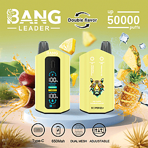 Promotional image for Bang Leader vape with a yellow design, showcasing dual flavor capability, 50,000 puffs capacity, and features including a Type-C charger, 650mAh battery, dual mesh coils, and adjustable settings, with fruit imagery in the background highlighting pineapple and mango flavors.