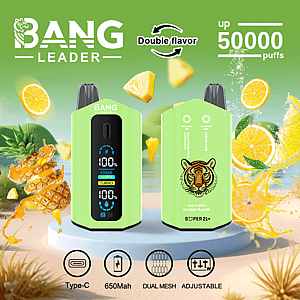 Promotional image of the Bang Leader vape device featuring dual-flavor capability, 50,000-puff capacity, green design with a tiger graphic, and key features like Type-C charging, 650mAh battery, and adjustable power settings.