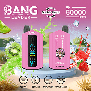 Advertisement for Bang Leader disposable vape featuring two pink devices, kiwi and strawberry images, and text promoting double flavor, adjustable settings, up to 50,000 puffs, and other features like Type-C charging and dual mesh coils.