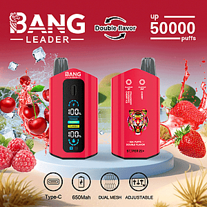 Promotional image of the red Bang Leader vape device, highlighting features like 50,000 puffs, dual flavors, Type-C charging, 650mAh battery, and adjustable airflow, accompanied by images of strawberries, cherries, and ice cubes.