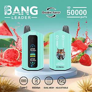 A promotional image for the Bang Leader electronic cigarette featuring two pastel blue devices with display screens, strawberry and watermelon flavor themes in the background, and icons highlighting features such as Type-C charging and 650mAh battery capacity.