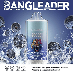 Promotional image of Bangleader e-cigarette with blueberry ice flavor, featuring a tiger design and accompanied by water splash effects and blueberries; includes specifications like 28ml capacity, Type-C charger, 650mAh battery, and dual mesh technology, with a nicotine addiction warning at the bottom.