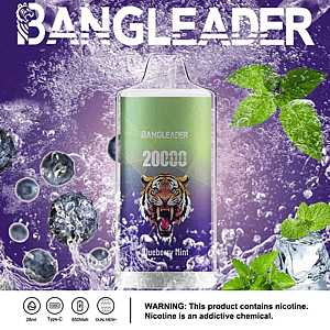 Promotional image for a Bangleader vape device featuring a blueberry mint flavor, 20,000 puffs capacity, and tiger logo, with background elements of blueberries, mint leaves, and splashing water.
