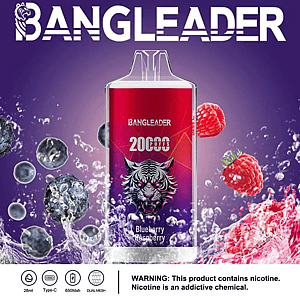 Advertisement for Bangleader vape with 20,000 puffs in blueberry raspberry flavor, featuring a dynamic graphic of berries and water splashes against a purple background, alongside product specifications and a nicotine warning.