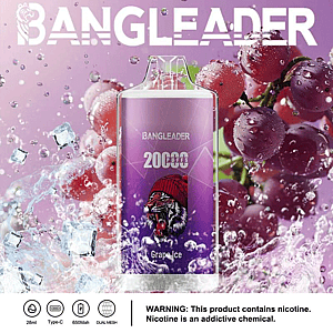 A Bangleader vape device labeled 'Grape Ice' with 20,000 puffs, surrounded by floating ice cubes and grapes, with a warning about nicotine addiction at the bottom of the image.